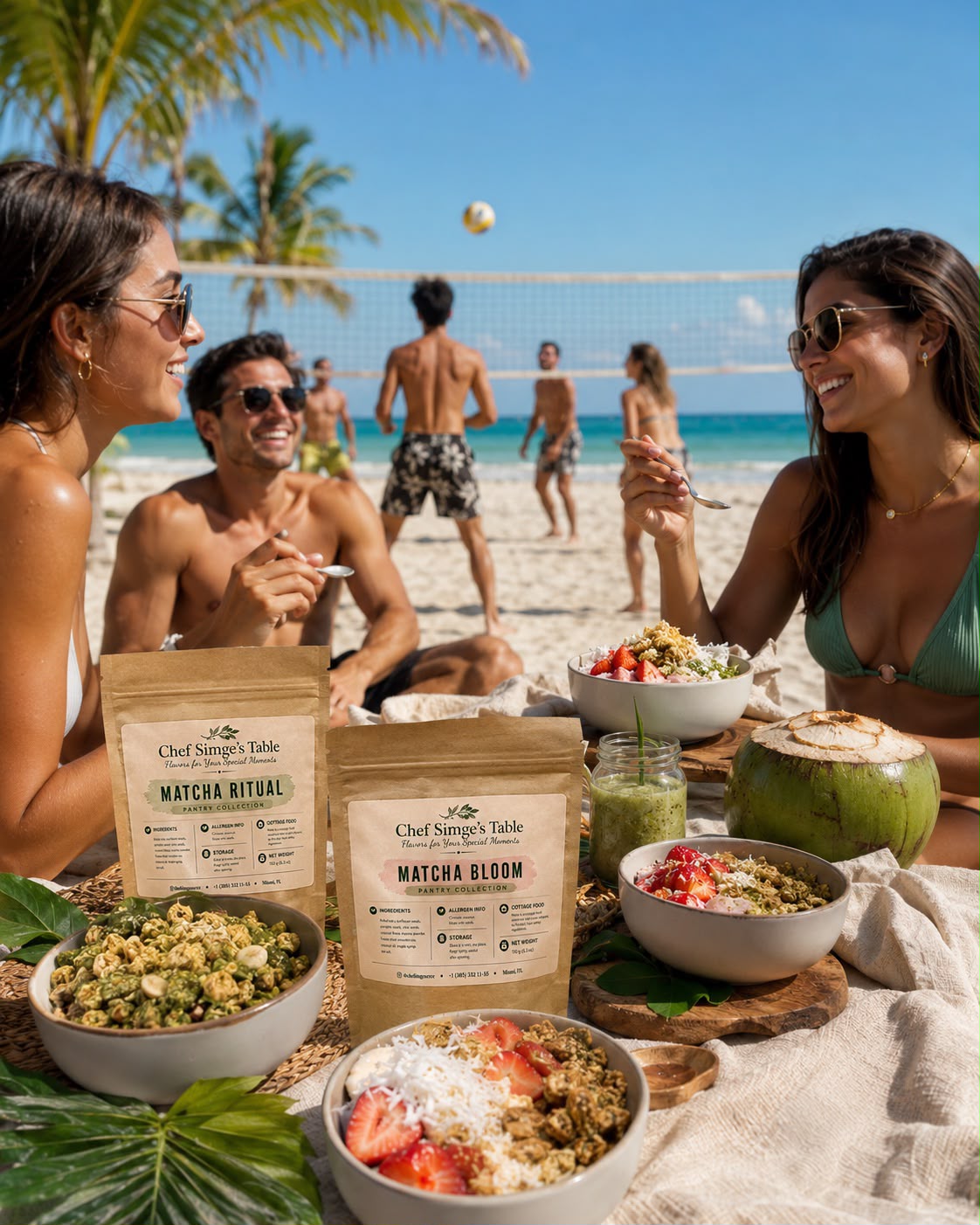 Friends laughing over granola bowls at the beach