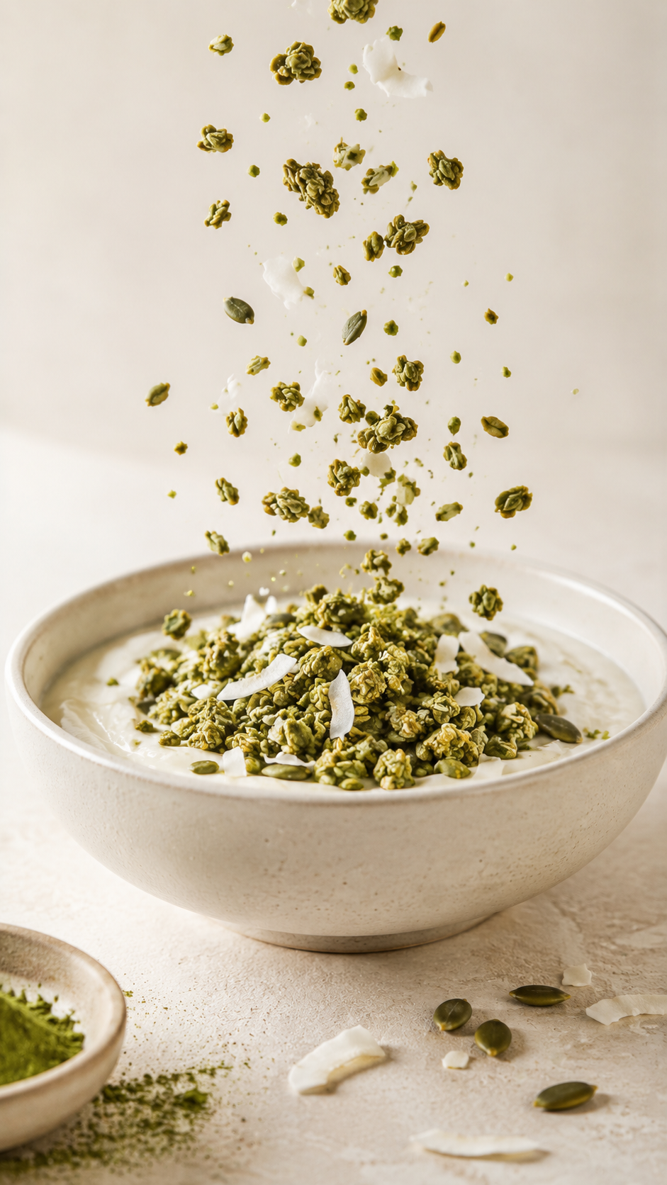 Matcha granola with freeze-dried strawberries and coconut flakes pouring into a bowl of yogurt