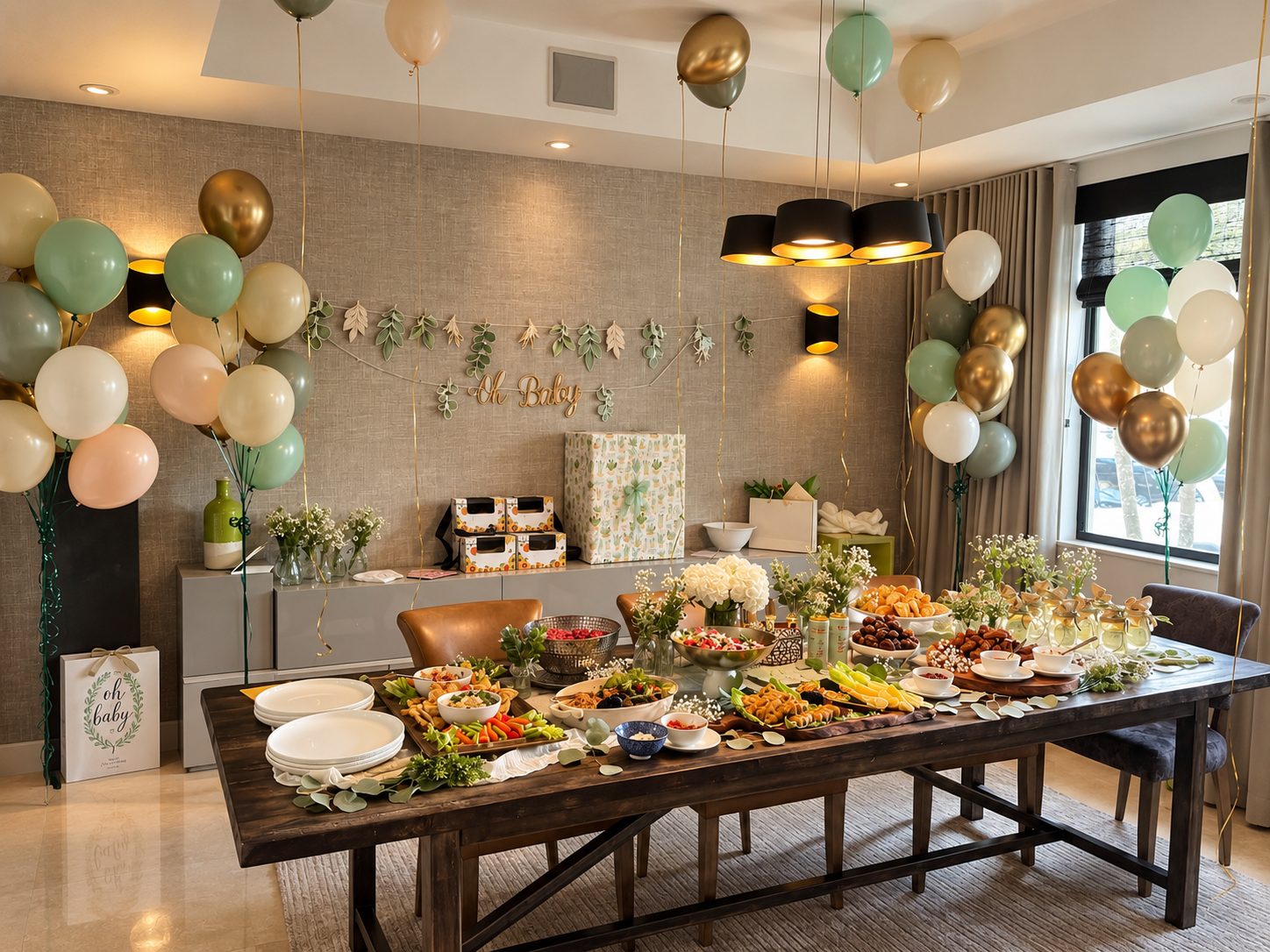 An overhead view of a large grazing table spread with cheese, charcuterie, and fruit