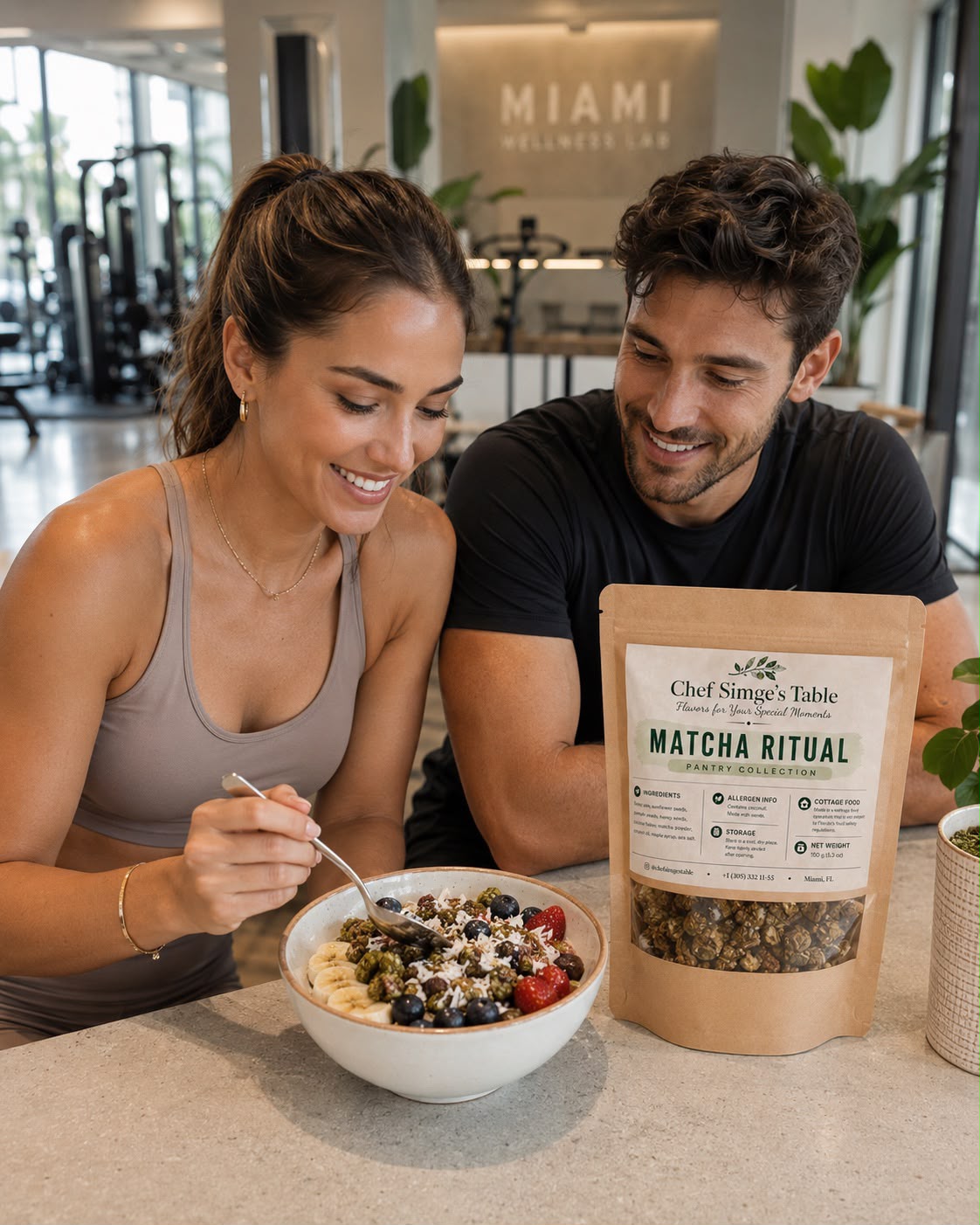 Couple sharing a Matcha Ritual granola bowl at a Miami wellness gym
