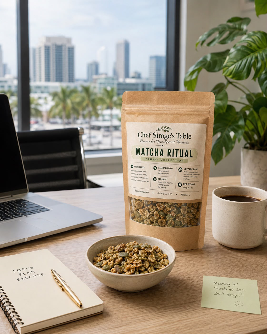 Matcha Ritual granola bowl on an office desk with Miami skyline view