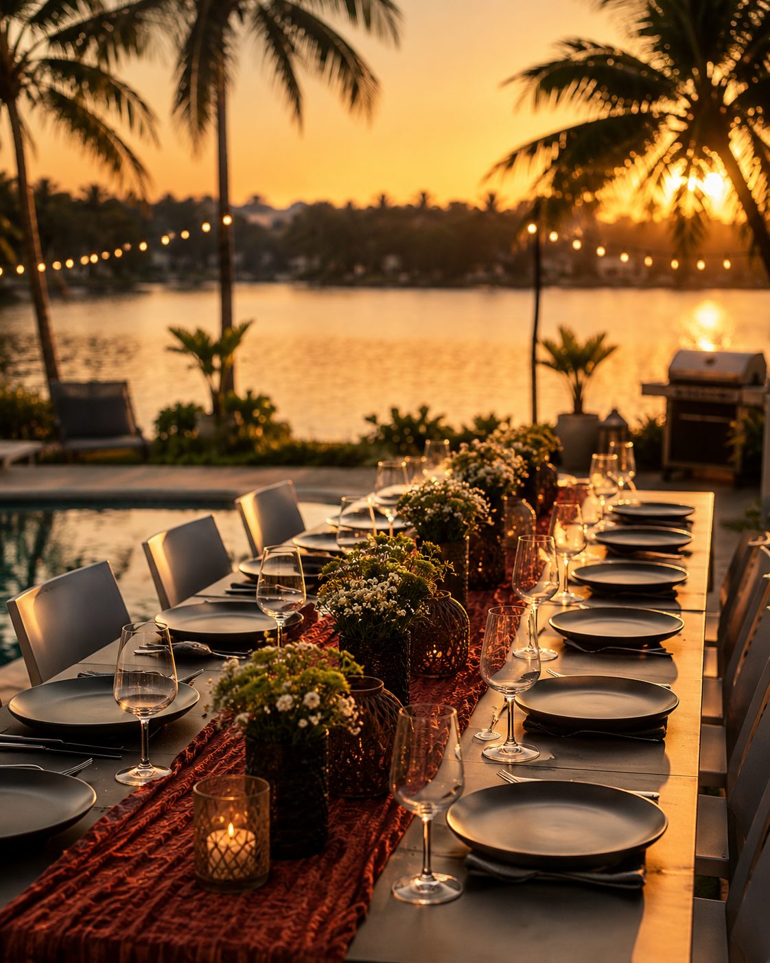 An elegant private dinner table set for a sunset event by the water, styled by Chef Simge's Table