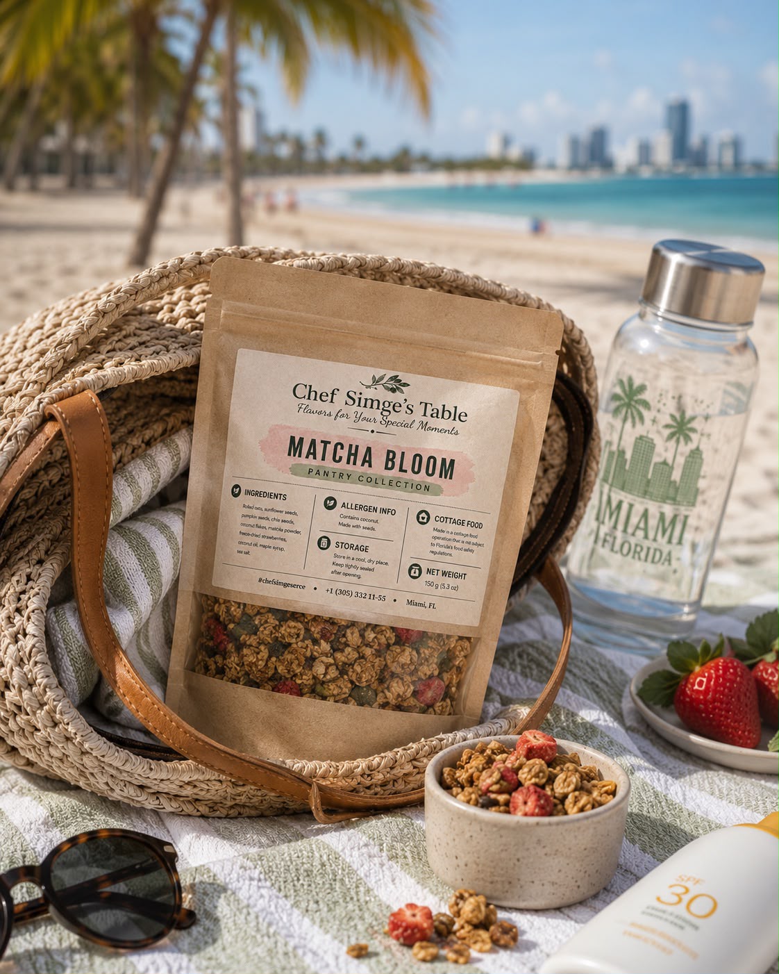 Matcha Bloom granola bag, close up, showing ingredients and Miami cottage food label, on a beach bag
