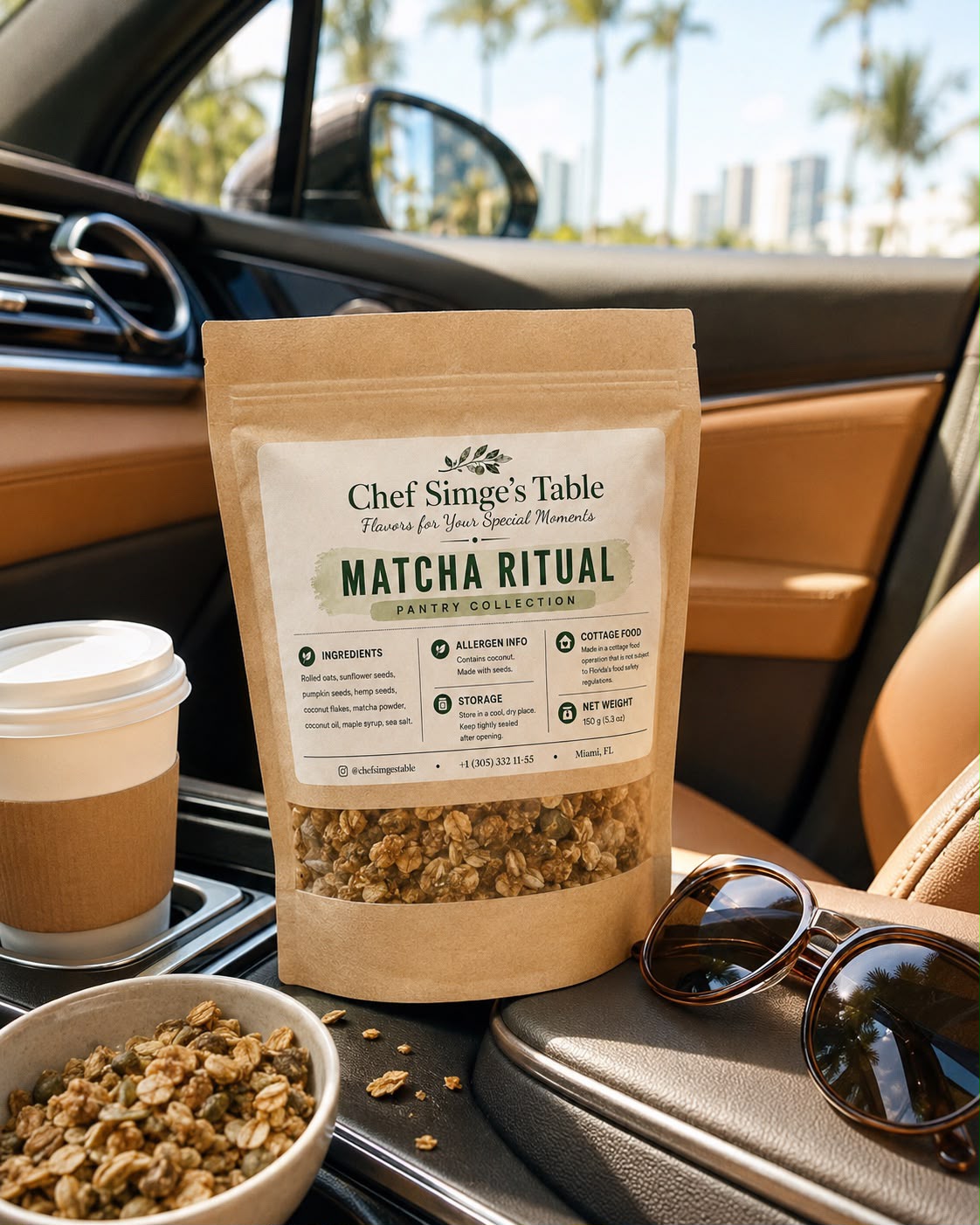 Matcha Ritual granola bag, close up, showing ingredients and Miami cottage food label