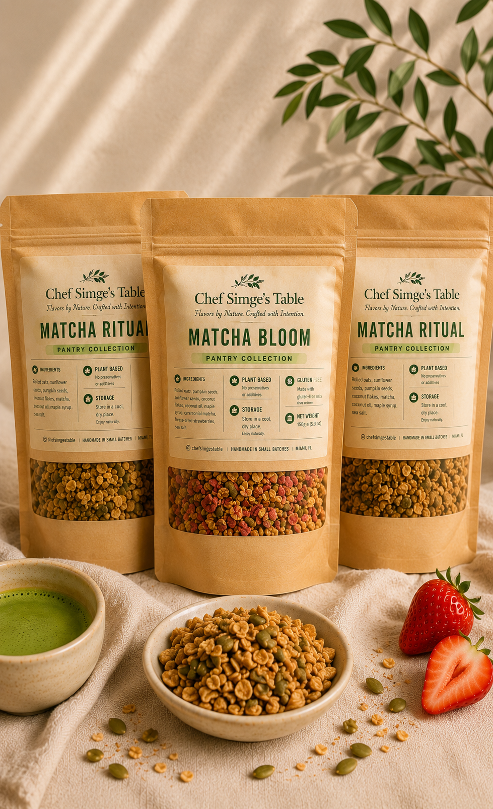 Three bags of Chef Simge's Table matcha granola bundled together