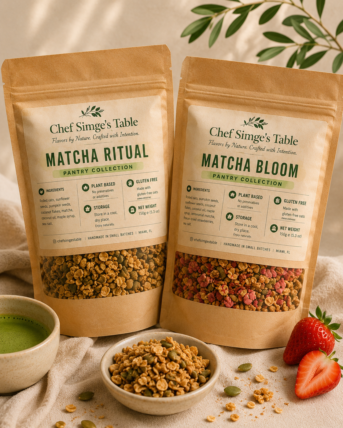 Two bags of Chef Simge's Table matcha granola, Matcha Ritual and Matcha Bloom, bundled together